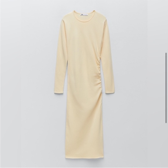 Zara Long-Sleeve Draped Knit Bodycon Midi Knee Length Dress, Cream, Size S - Picture 6 of 14